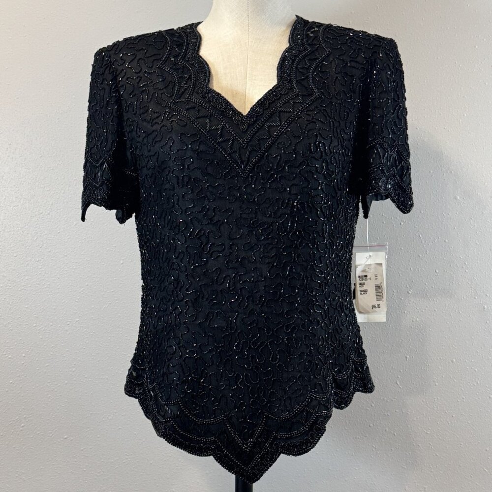 Cote D Azur Evening Womens M Black Beaded Silk Blouse Short Sleeve Back Zip NWT
